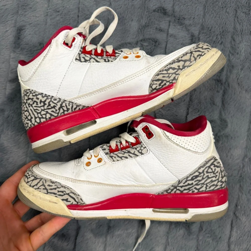 Jordan 3 Retro Cardinal Red White Elephant Print GS 398614-126 Kids 7Y